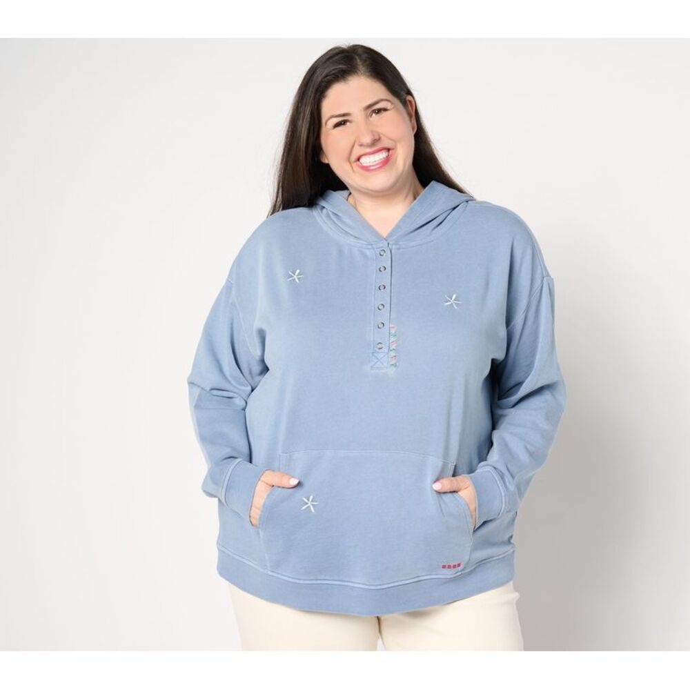 Peace Love World Women's Top Plus Sz 2X Embroidered French Terry Blue A643726